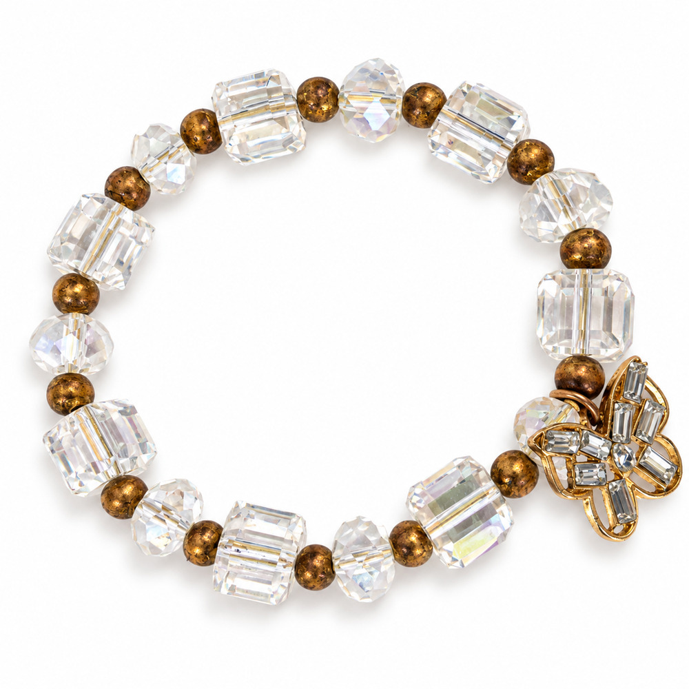 Clear Faceted Bead Stretch Bracelet Gold Tone Butterfly Rhinestone Charm Fashion